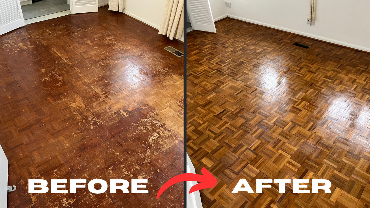 Expert Wood Floor Sanding in Hounslow—side-by-side before-and-after view of a restored mosaic parquet hardwood floor, showing dramatic colour and finish improvement.