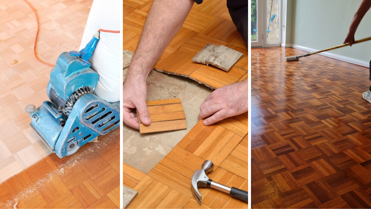 Expert Wood Floor Sanding in Hounslow—three-panel sequence showing oak mosaic parquet being sanded, repaired, and finished to a rich sheen.