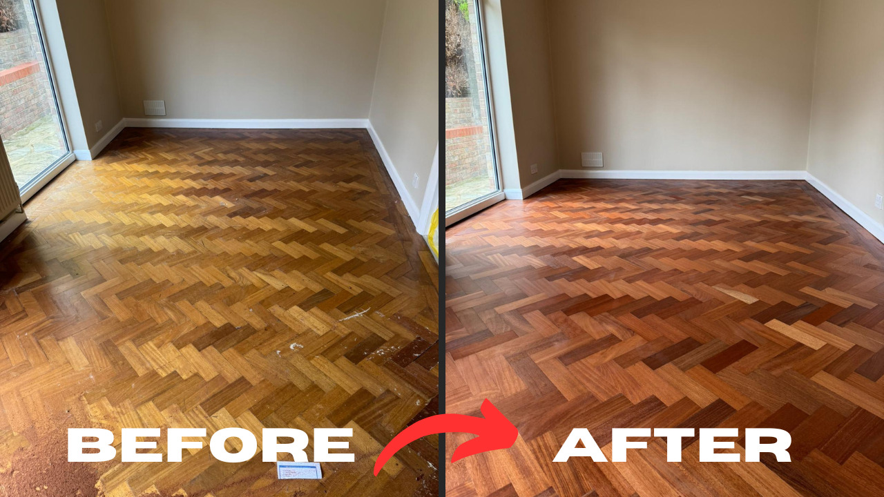 Parquet Floor Restoration in Hounslow showing before and after of a herringbone hardwood parquet wood floor transformed from worn, yellowed blocks to a rich, freshly refinished finish.