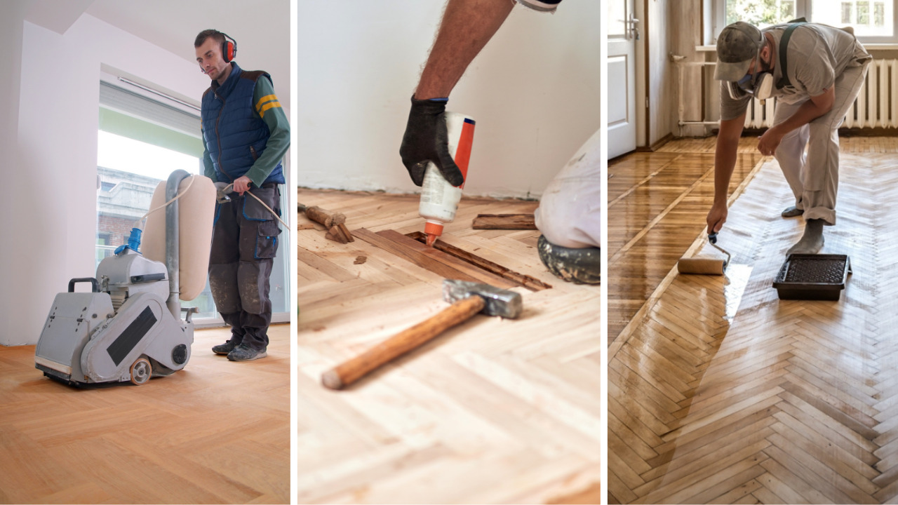 Parquet Floor Restoration in Hounslow shown in three stages on an oak herringbone parquet wood floor: sanding, repairing loose blocks and applying