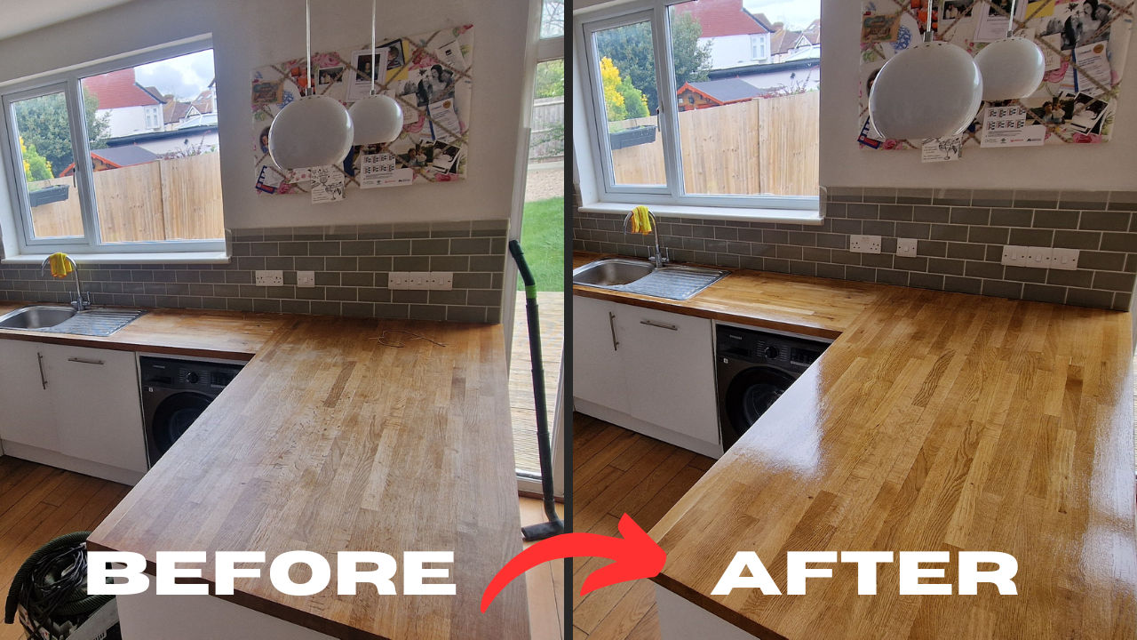 Worktop refinishing in Hounslow – before and after of a solid oak wood kitchen worktop and matching oak floor, restored to a smooth, glossy finish.
