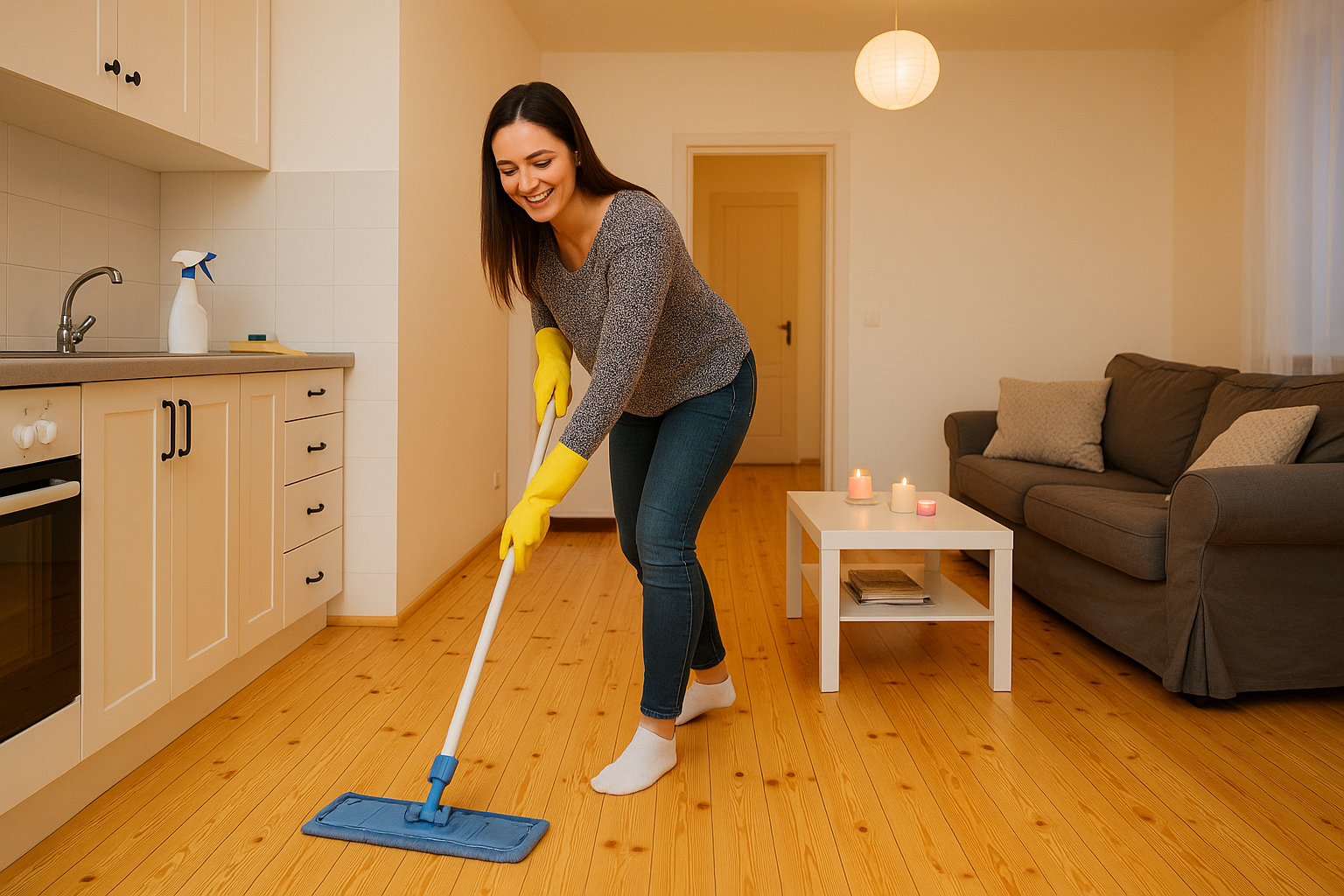 Wood Floor Sanding in Hounslow aftercare on pine softwood floorboards, showing a homeowner mopping a freshly restored timber floor to keep the finish looking new.
