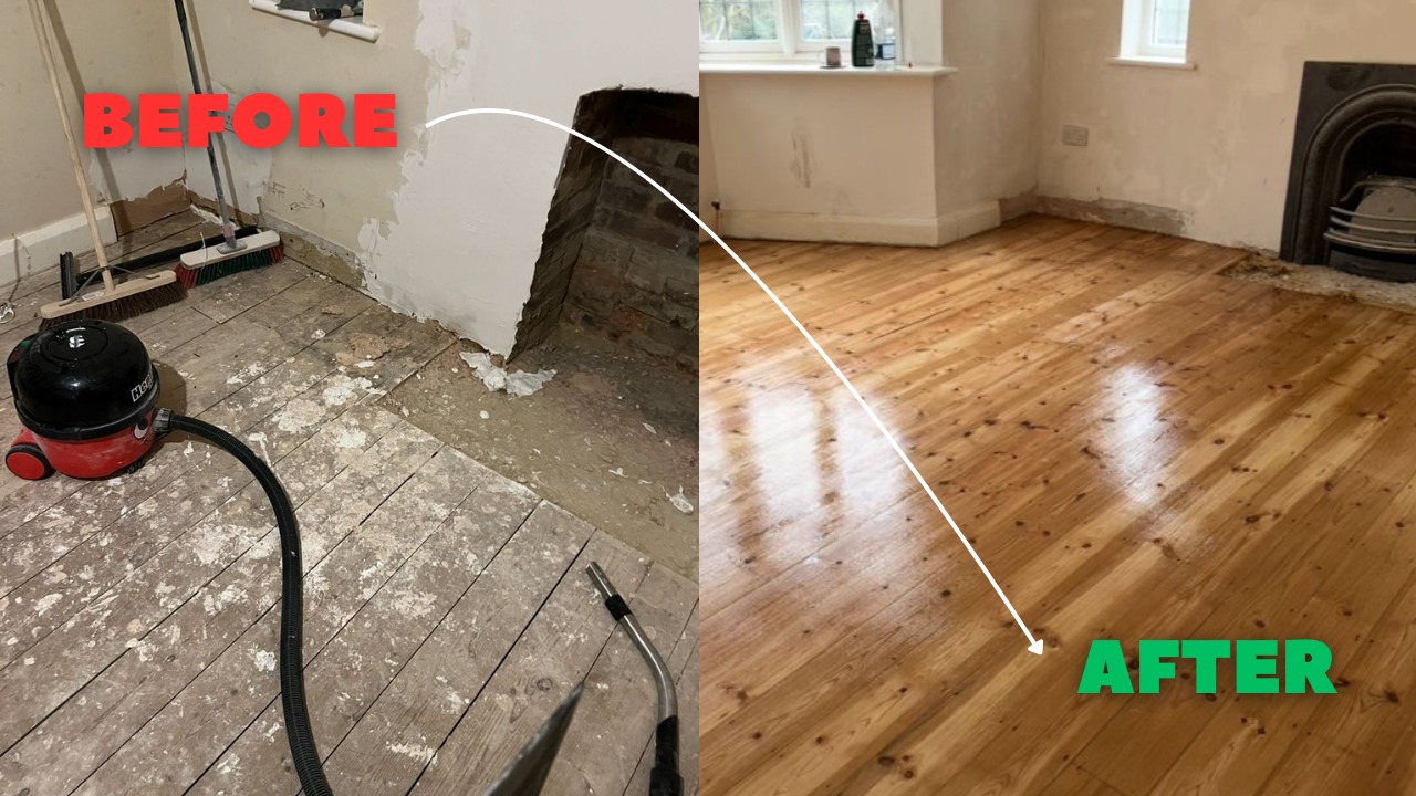 Wood Floor Sanding in Hounslow before-and-after showing original solid pine floorboards restored from dusty, worn boards to a smooth, sealed finish.