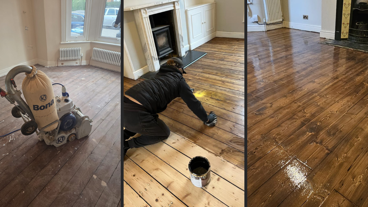 Wood Floor Sanding in Hounslow collage showing original pine floorboards being sanded, stained, and sealed from dull boards to a rich finished timber floor.